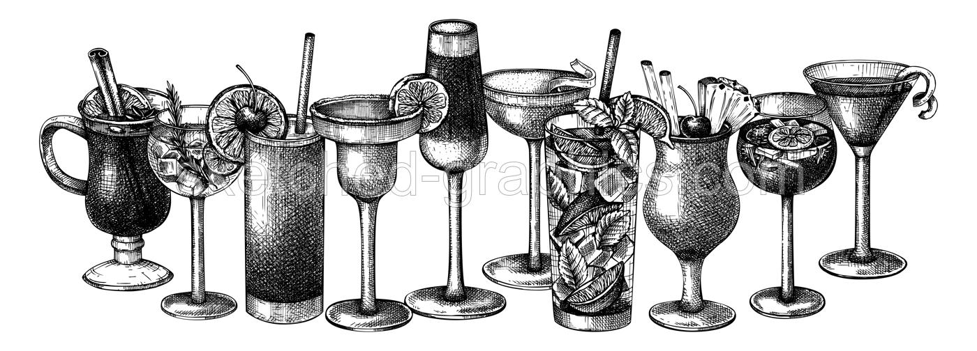 Vintage design with hand-sketched cocktail glasses. Vector sketches of alcoholic drinks. Popular alcohol cocktails and beverages hand-drawings. Perfect for bar or restaurant menu and banners Illustration